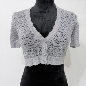 Express Y2K Open Knit Crop Sweater Cardigan Shrug Bolero Size S Silver Metallic
